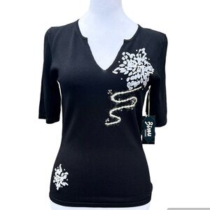 NWT Bisou Jeans SZ Small Women's Black Short Sleeve Top with Embroidery Detail